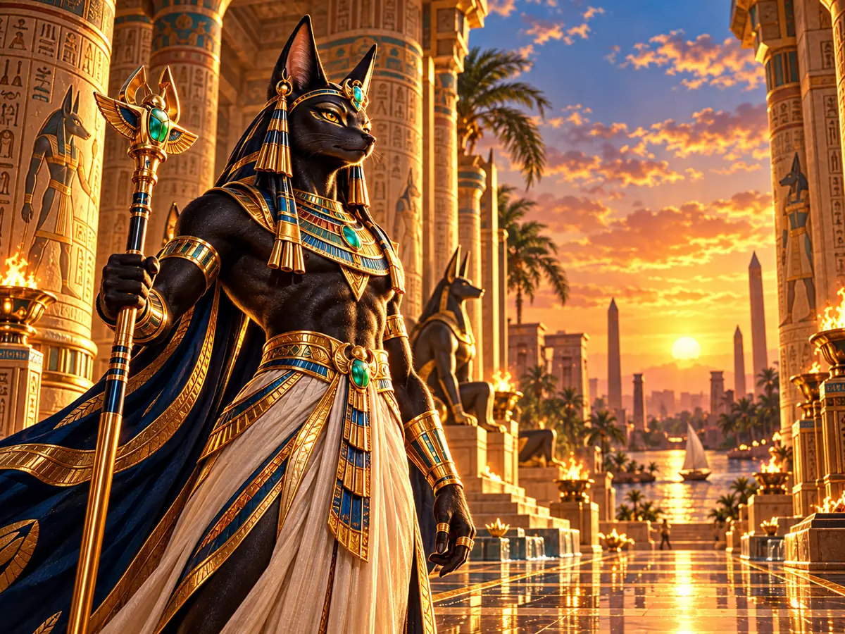 Anubis debout dans un temple égyptien, visuel Amunbet