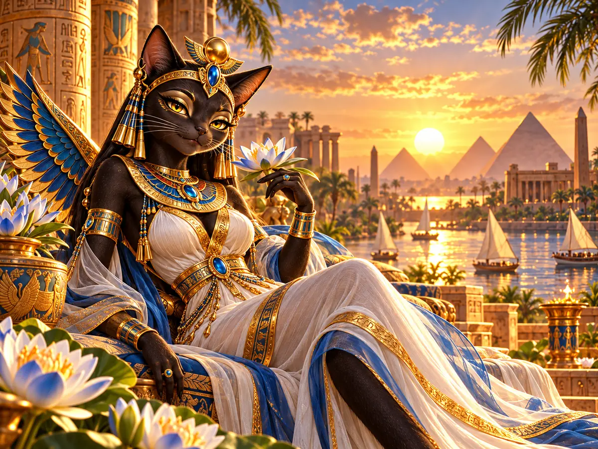 Bastet tenant une fleur de lotus au bord du Nil, visuel Amunbet